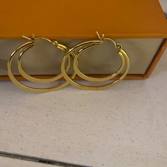 1.75” YELLOW GOLD PLATED DOUBLE HOOP EARRINGS - Picture 5 of 5